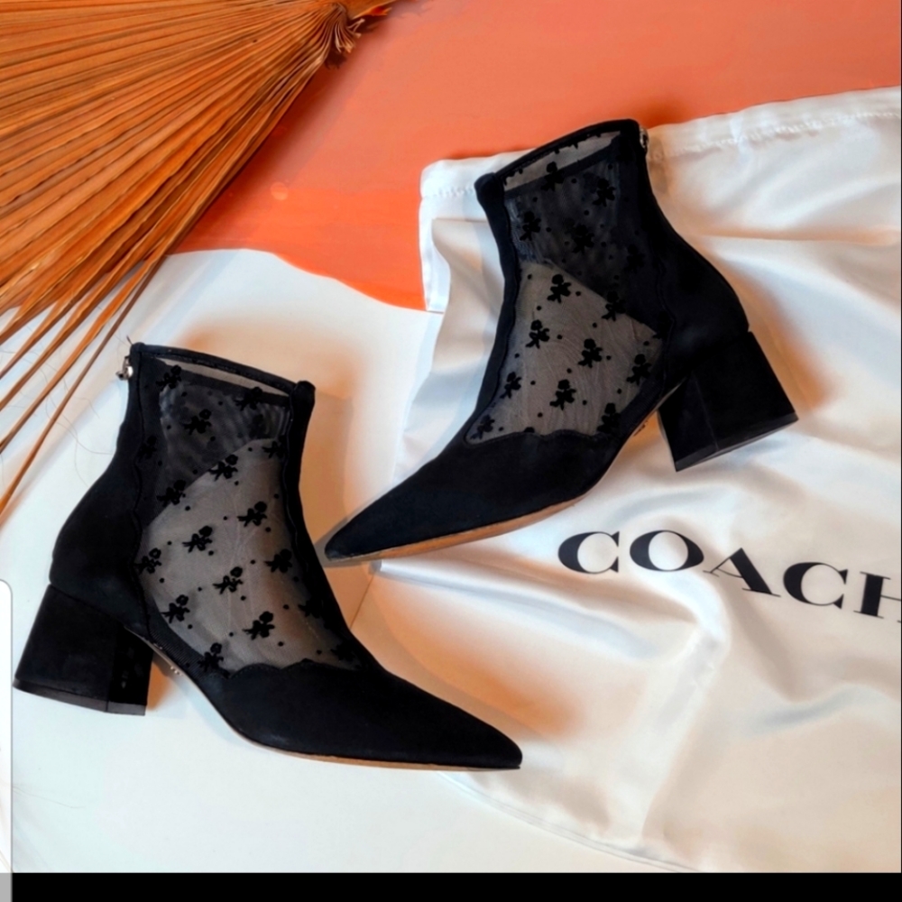 Coach Womens Suede Mesh Floral Pointed Toe Ankle Boots